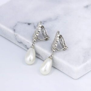 YOQUCOL Leaf-shape Dangle Drop Clip On Earring Zirconia Crystal Simulated Pearl NonPierced Earrings For Women