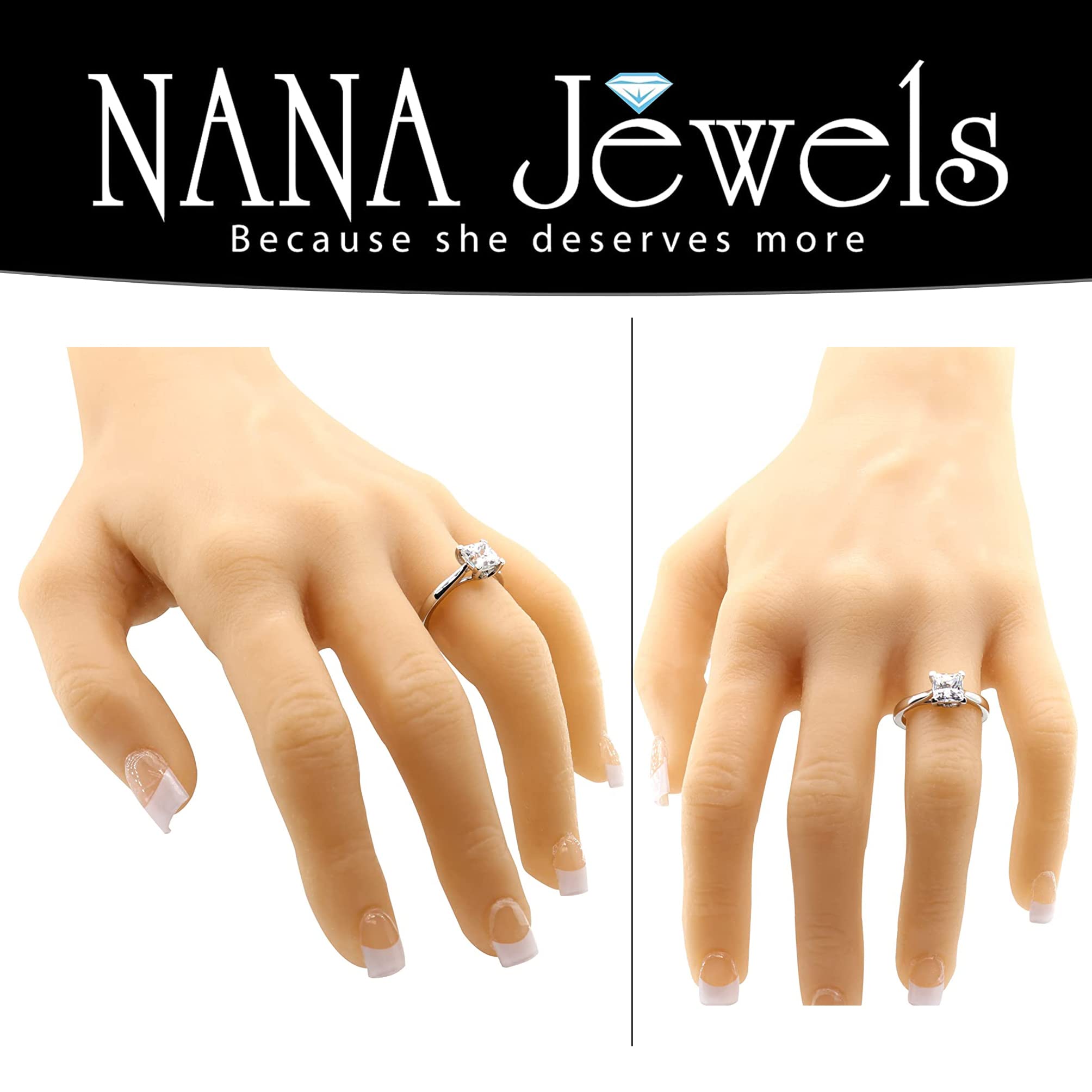 NANA Jewels-Silver 8.00mm (3.00ct) Princess Cut Zirconia Lucita Solitaire Ring-Platinum Plated-Size 8.5