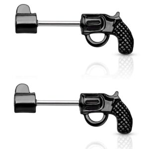 pierced owl 14g stainless steel revolver pistol nipple barbells, sold as a pair (black)