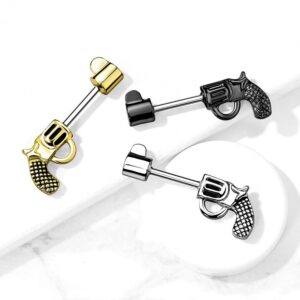 Pierced Owl 14G Stainless Steel Revolver Pistol Nipple Barbells, Sold as a Pair (Black)