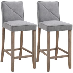 HOMCOM Modern Bar Stools Set of 2, Upholstered Bar Height Kitchen Stools with Build-in Footrest, Solid Wood Legs, Gray