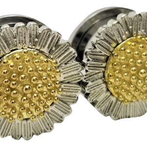 Stainless Steel Sunflower Ear Plugs - Quality Screw-On Gauges - 6 Sizes - Pair - New! (0 Gauge (8mm))