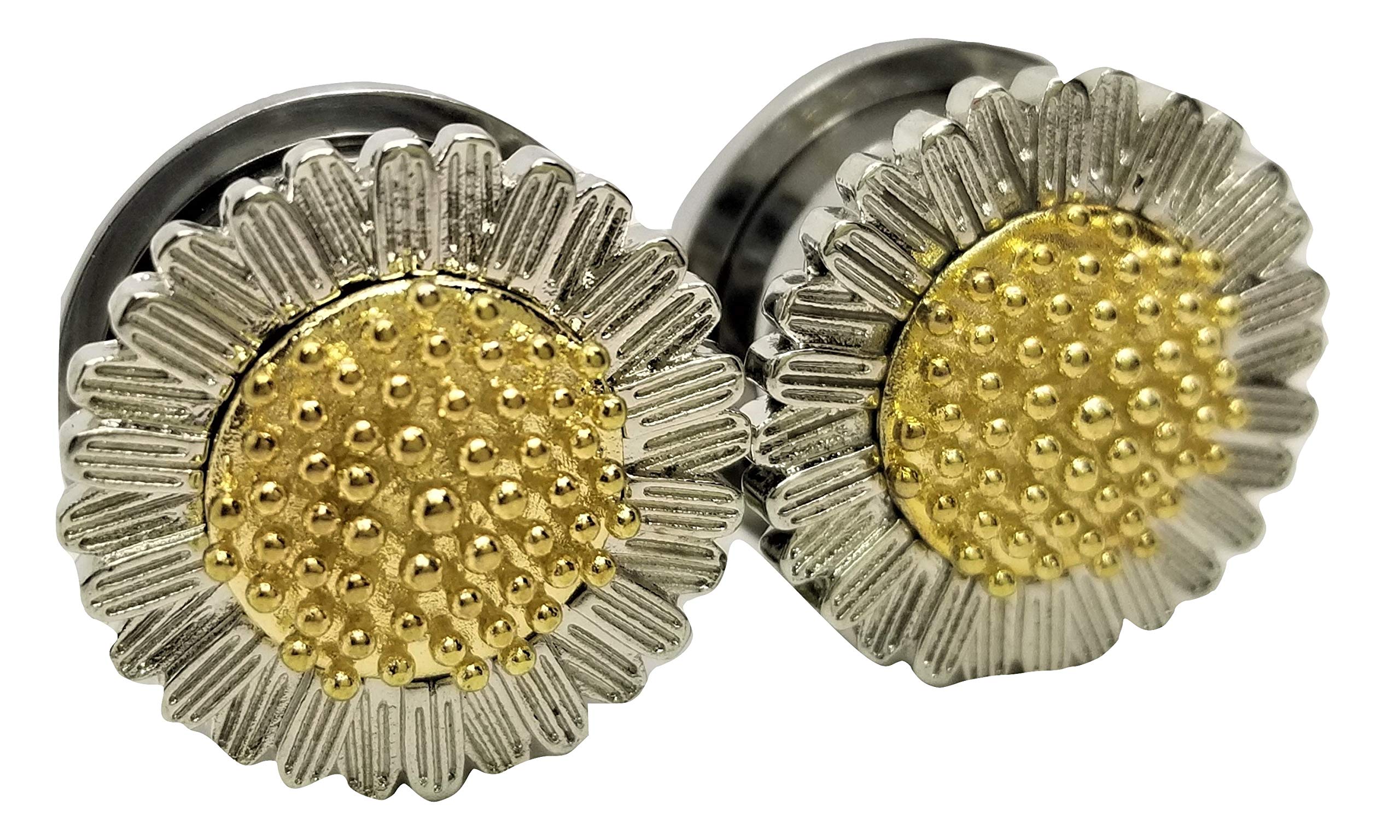 Stainless Steel Sunflower Ear Plugs - Quality Screw-On Gauges - 6 Sizes - Pair - New! (0 Gauge (8mm))