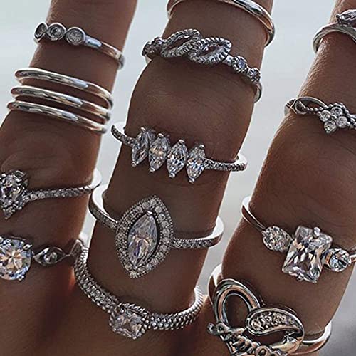 wpOP59NE Ring Set, 15Pcs/Set Bohemian Women Heart Rhinestone Stackable Finger Ring Jewelry Gift Silver