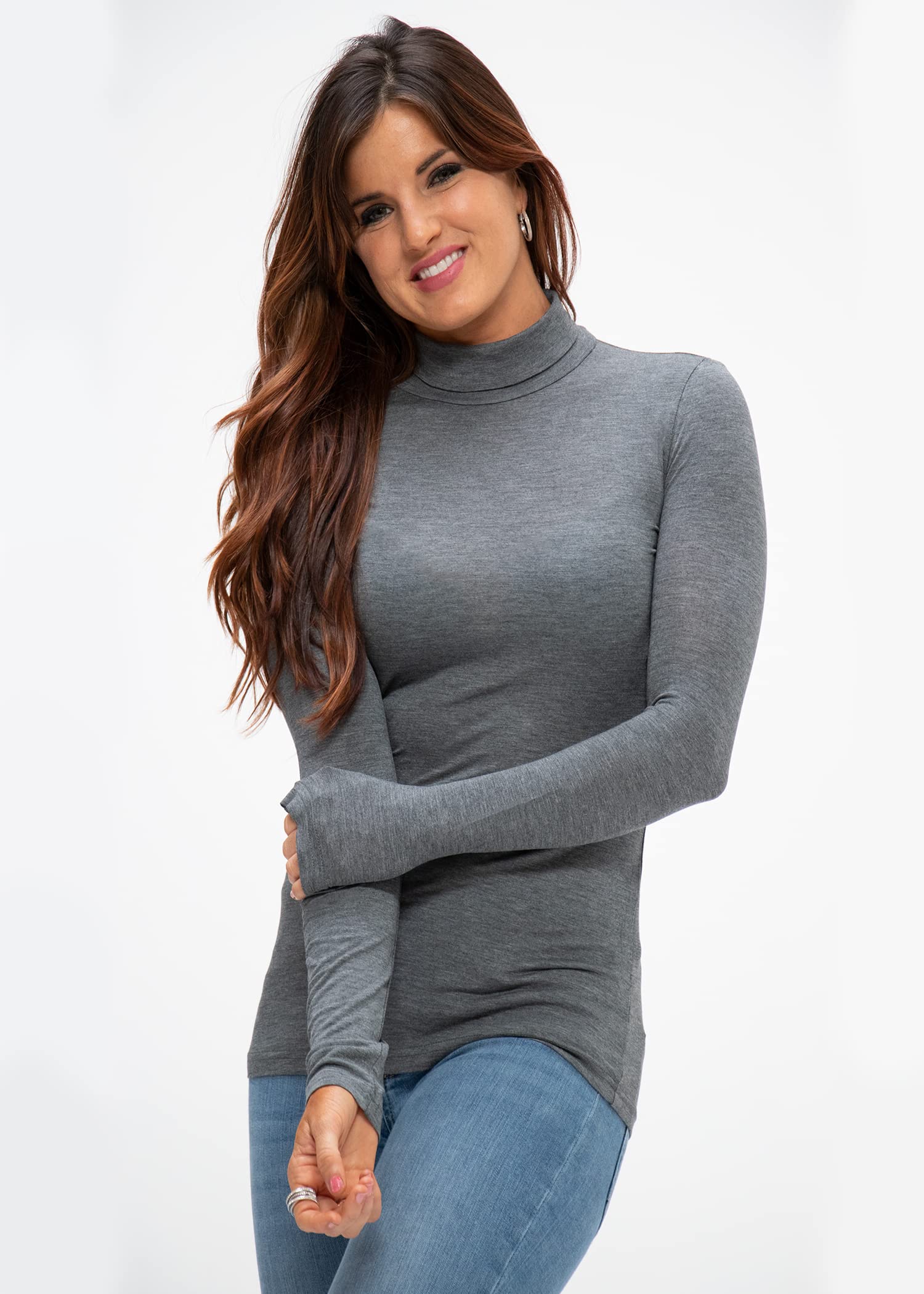 DEVOPS Womens 2-Pack Long Sleeve Mock Turtleneck Stretch Fitted Shirts (Black/Heather Gray, Medium)