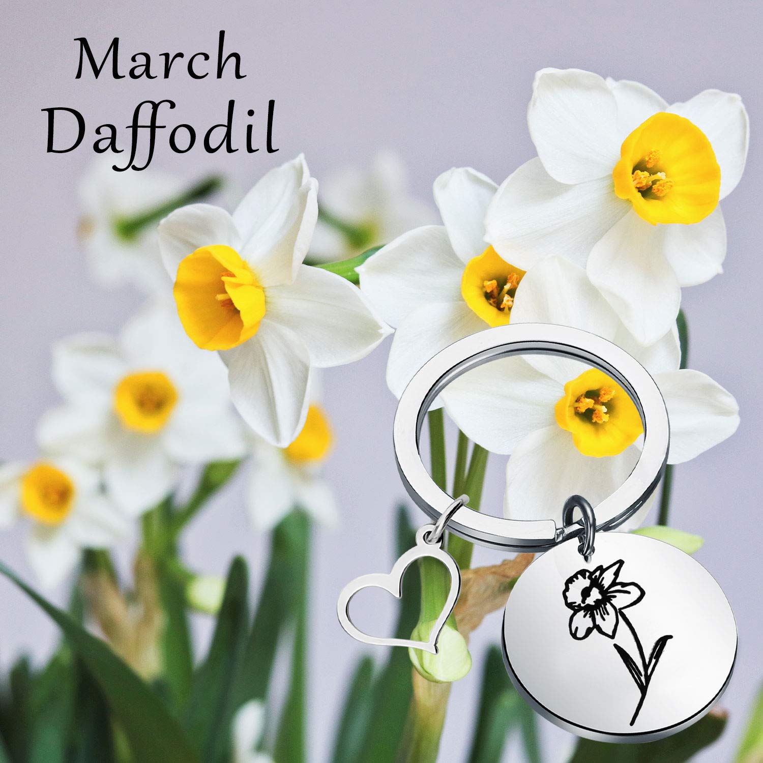 FATOP Birth Flower Jewelry Dainty Birth Flower keychain Birthday Gift Birth Month Jewelry Mother's Day Gift Flower Lover Gift (Mar-daffodil key)