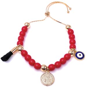 LESLIE BOULES Saint Benedict Red Glass Beads Bracelet Genuine Azabache and Blue Evil Eye Handmade Jewelry