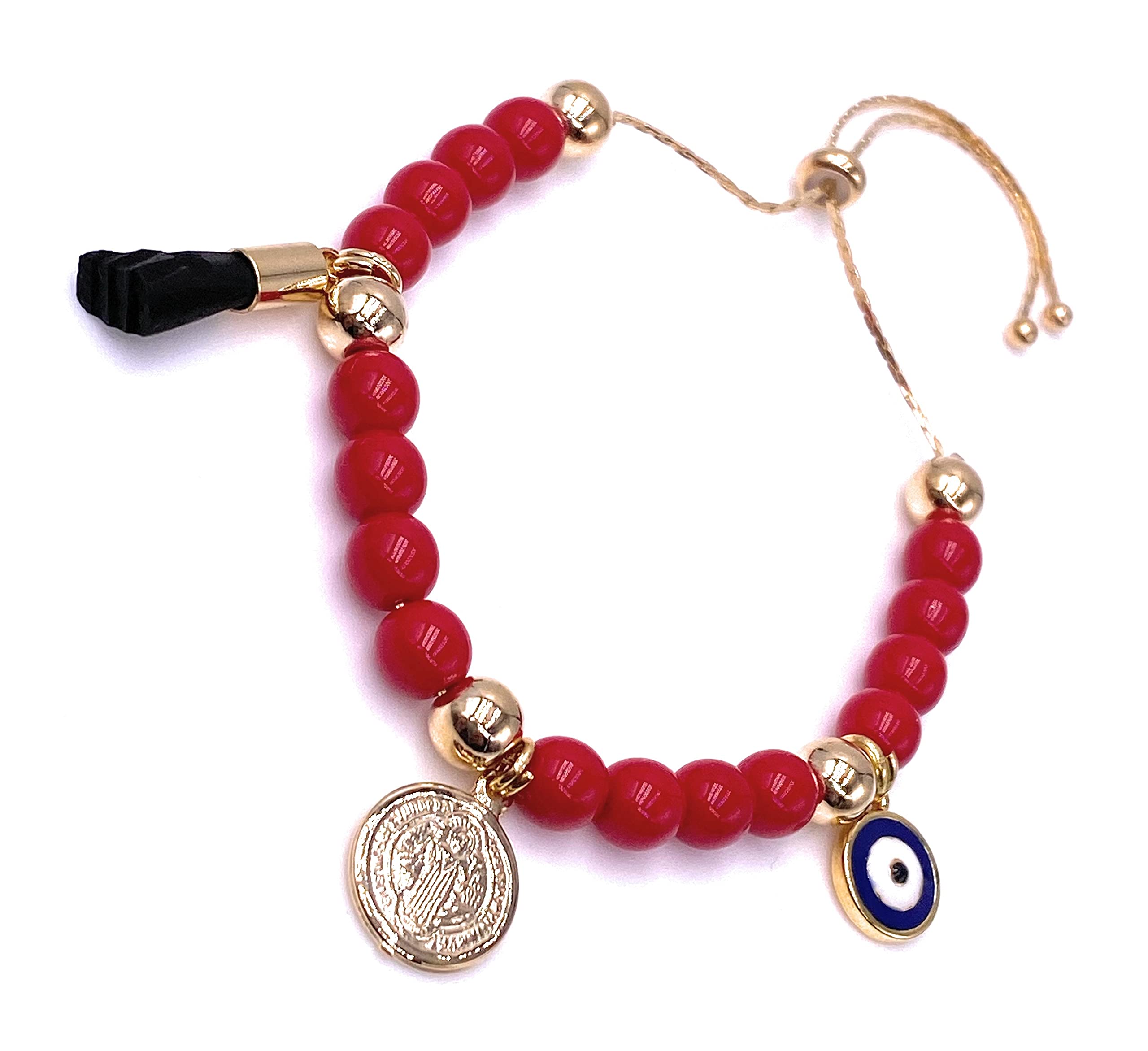 LESLIE BOULES Saint Benedict Red Glass Beads Bracelet Genuine Azabache and Blue Evil Eye Handmade Jewelry