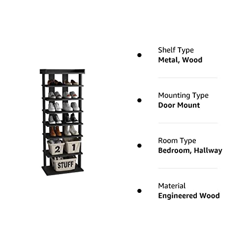 HOMEFORT 7-Tier Wood Shoe Rack, Double Rows, Black, 18" W x 11" D x 45" H