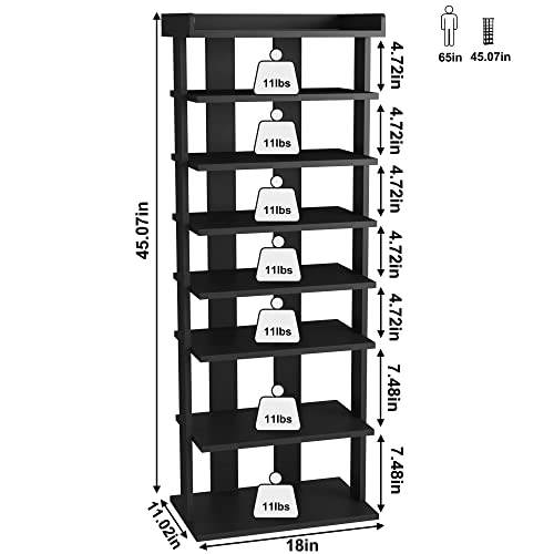 HOMEFORT 7-Tier Wood Shoe Rack, Double Rows, Black, 18" W x 11" D x 45" H