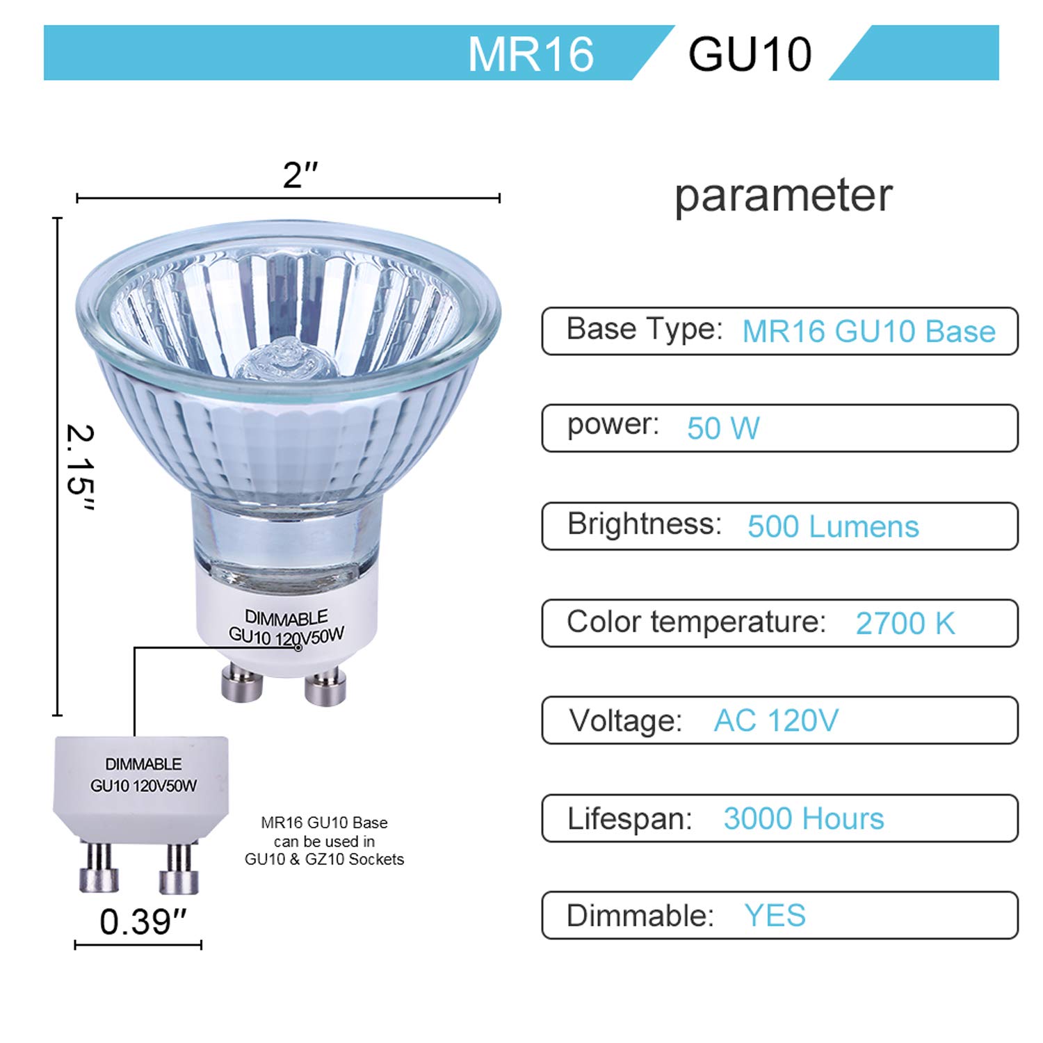 50 Watt GU10 Halogen Bulb, MR16 GU10 Base 120-Volt Light Bulb, Halogen 50W 120V MR16 Flood Light Bulbs,3-Pack