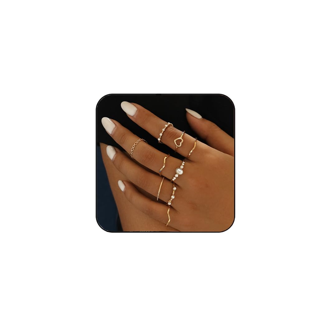 GRAEEN Knuckle Rings Index Finger Rings Hollow Love Rose Gold Ring Sets for Women (Pack of 9) (Style 1)