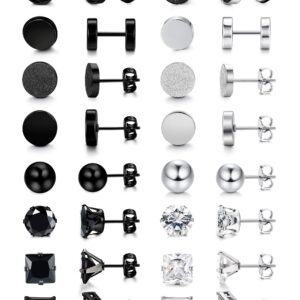 LOYALLOOK Stainless Steel Black Stud Earrings Silver Cubic Ziconia Stud Earrings Sets Tunnel Earring Ball Studs for Women Men 16 Pairs 6MM