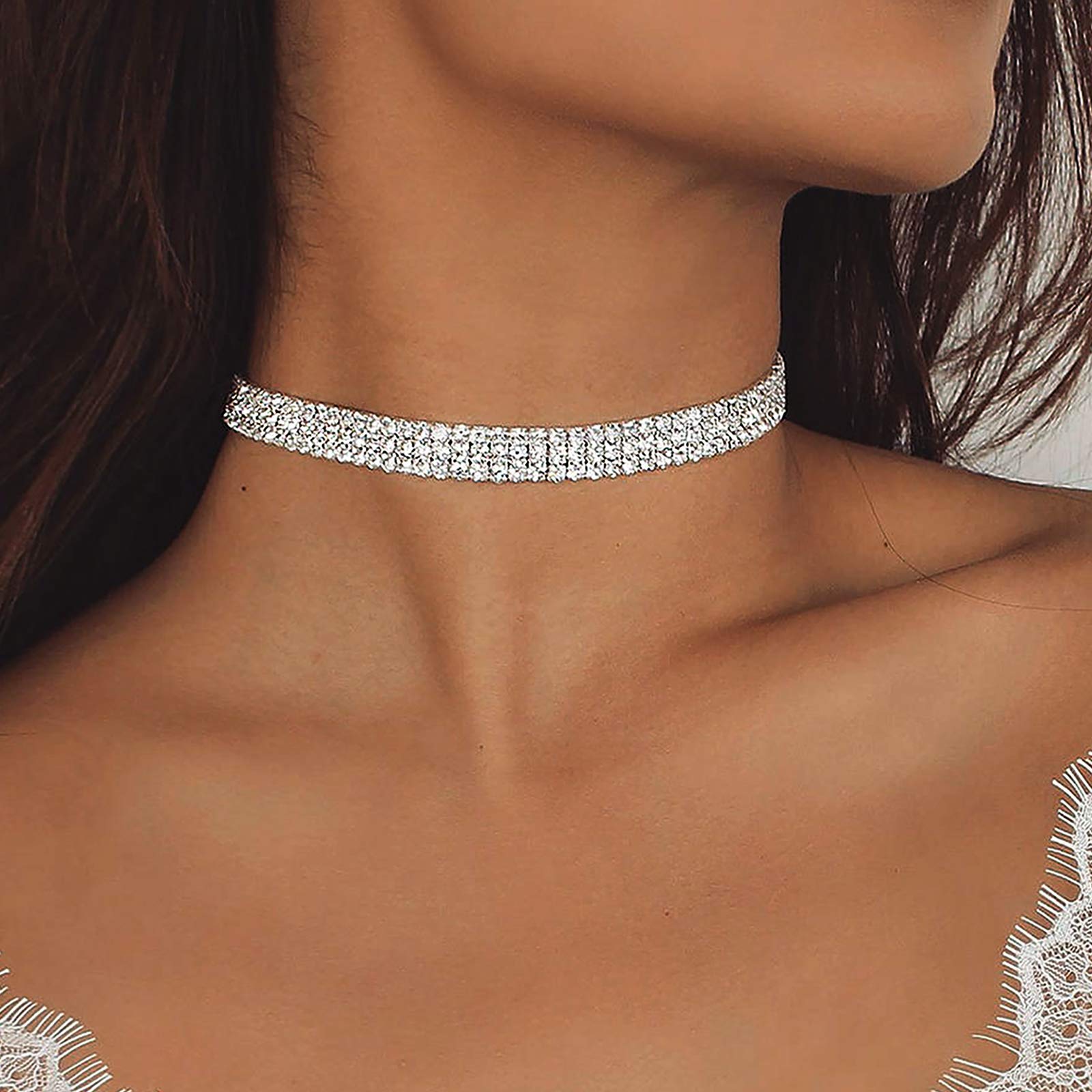 5 Pieces Silver Rhinestone Choker Necklaces for Women Dainty Diamond Choker Crystal Choker Necklaces Set Bridesmaid Jewelry