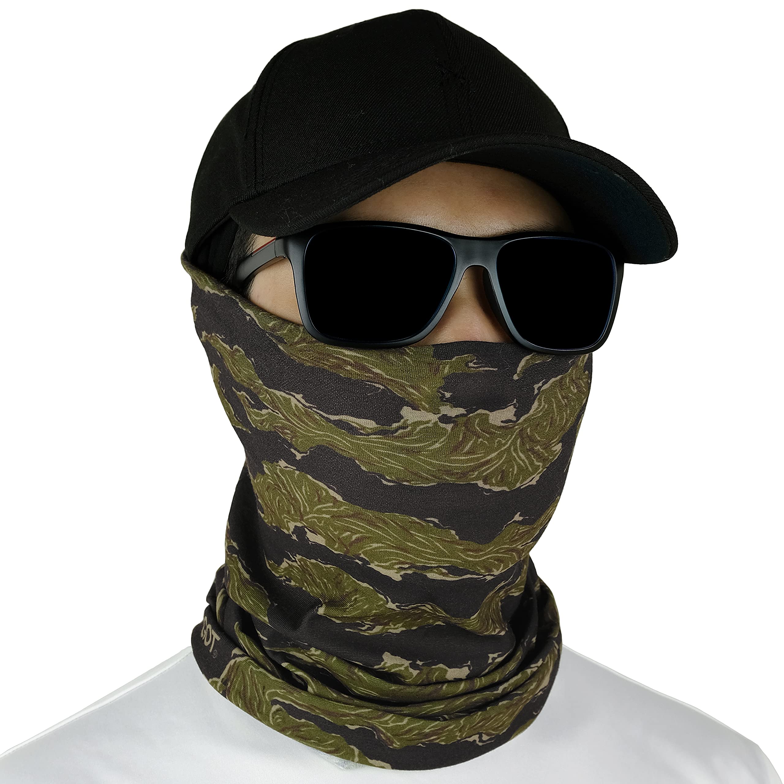 Fishing Mask - Camo Neck Gaiter Face Mask for Men & Women - Sun Protection Face Cover - Bandana, Scarf (Olive Tiger Stripe)