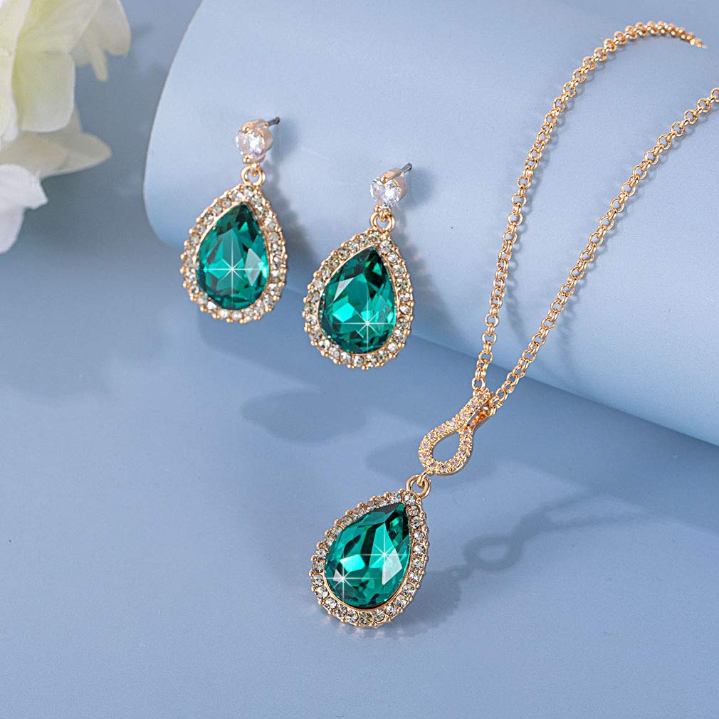 EVEVIC Austrian Crystals Teardrop Pendant Necklace Earrings for Women 14K Gold Plated Hypoallergenic Jewelry Set (Green)