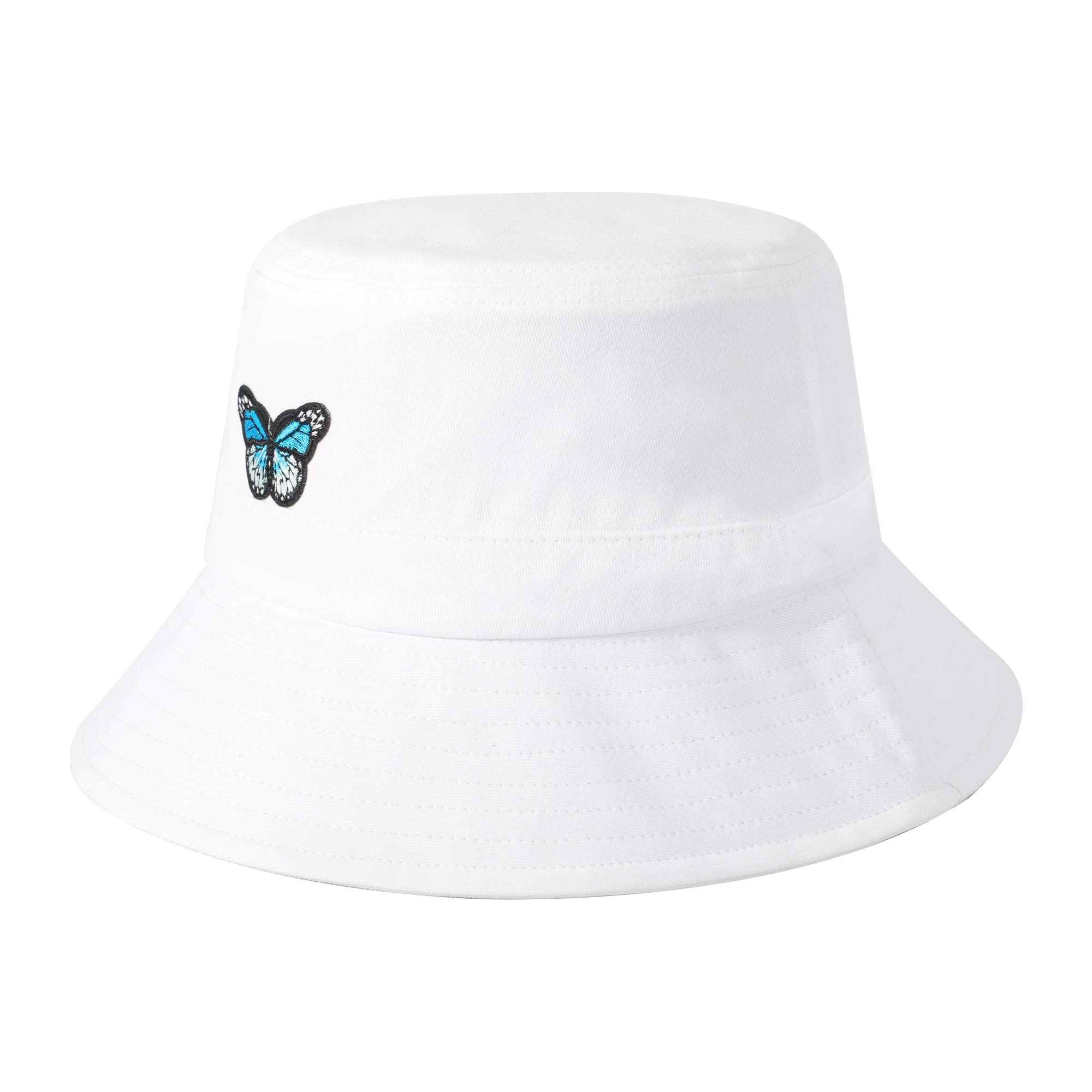 ZLYC Unisex Fashion Embroidered Bucket Hat Summer Fisherman Cap for Men Women Teens (Butterfly Pure White)