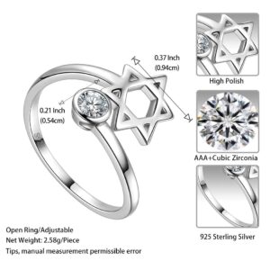 Star of David Ring Adjustable Women Men 925 Sterling Silver Magen David Star Round Zircon Solitaire Ring Judaic Star Of David Jewelry Gift for Mom Wife FR0020W