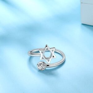 Star of David Ring Adjustable Women Men 925 Sterling Silver Magen David Star Round Zircon Solitaire Ring Judaic Star Of David Jewelry Gift for Mom Wife FR0020W