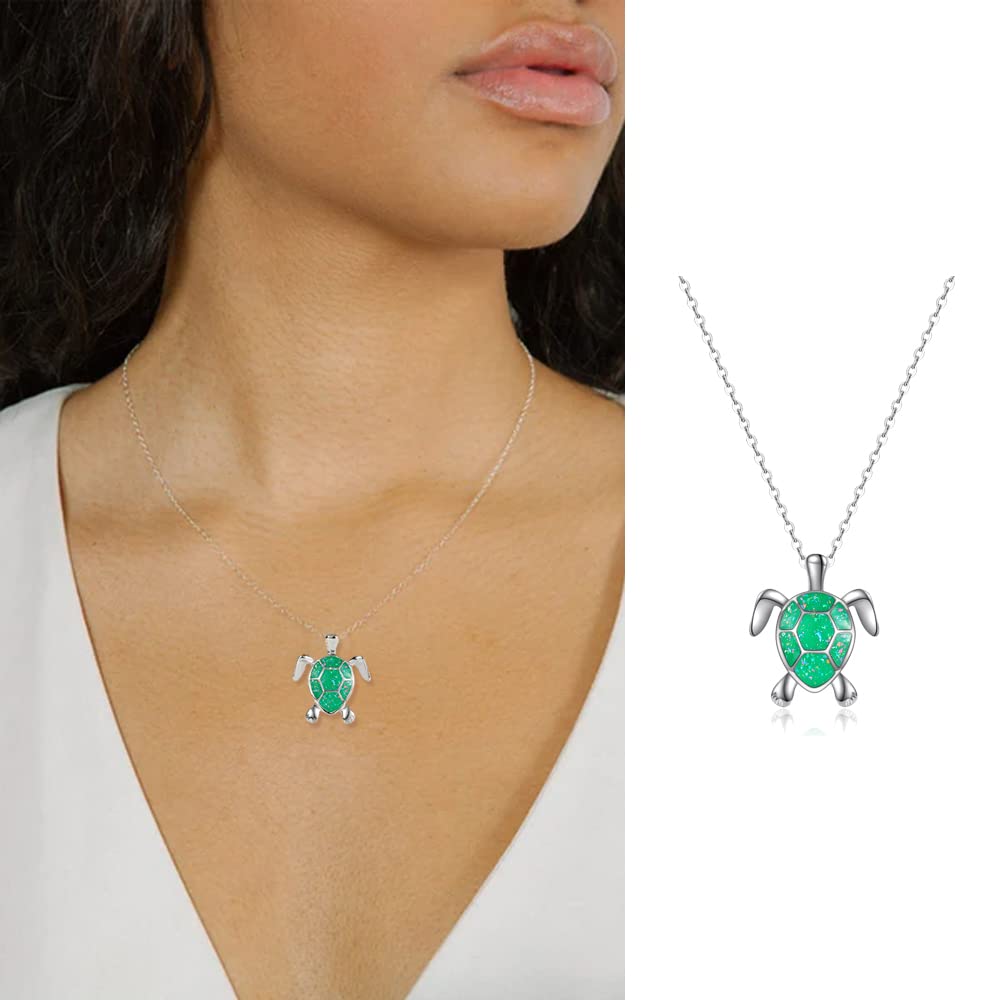 VANGETIMI Lovely Sea Turtle Pendant Necklace Cute Animals Green Opal Silver Chain Adjustable Necklace Valentine's Day Gifts Jewelry for Women