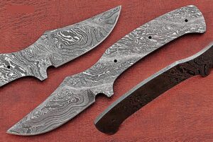 trailing point damascus steel blank blade, hand forged damascus steel skinning knife making blade, twist, ladder and rain drop pattern damascus steel (8 inch twist)