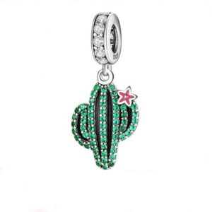 plants and insects charm 925 sterling silver cactus charm flowers beads botany charm for bracelet & necklace (green cactus & pink flower)