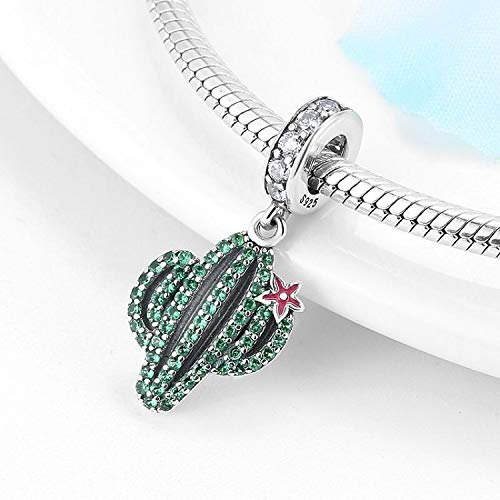 Plants and Insects Charm 925 Sterling Silver Cactus Charm Flowers Beads Botany Charm for Bracelet & Necklace (Green Cactus & Pink Flower)