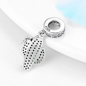 Plants and Insects Charm 925 Sterling Silver Cactus Charm Flowers Beads Botany Charm for Bracelet & Necklace (Green Cactus & Pink Flower)