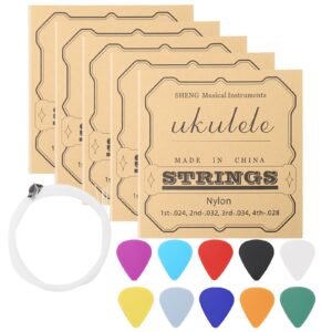 Ukulele Strings, 5 Sets of Nylon Ukulele Strings, String Winder for Soprano (21 Inch) Concert (23 Inch) Tenor (26 Inch) Ukulele with 10 Picks