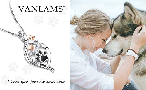 VANLAMS Womens 925 Sterling Silver Bone Love Heart Dog Paw Print Pendant Necklace I Love You Forever and Ever, Gifts for Dog Owner (Silver & Rose Gold)