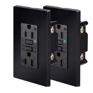 black gfci outlet 15amp 2pk,nineleaf black outlets receptacles,gfi electrical outlet with led indicator,weather resistant wr,ground fault circuit interrupters,120v,wall plates and screws included,etl