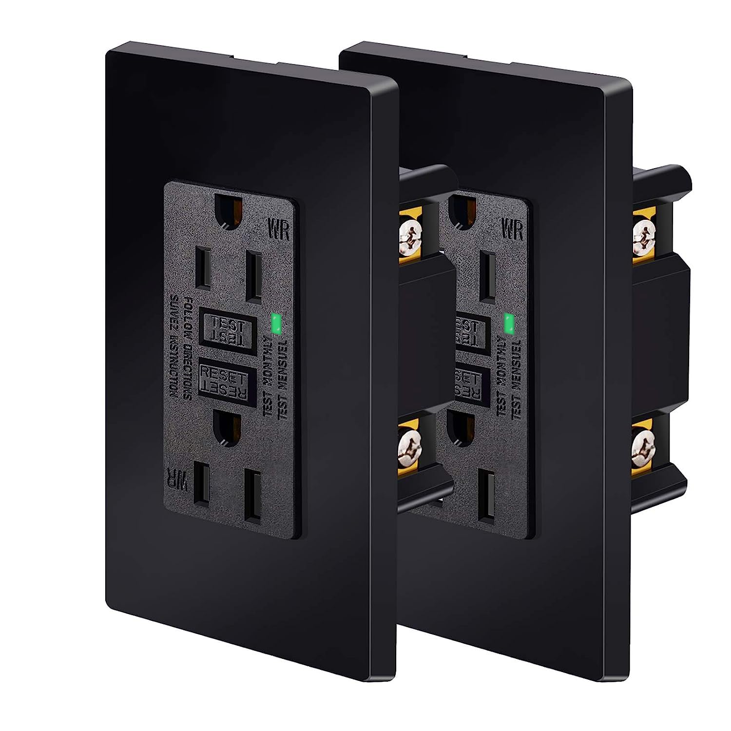 Black GFCI Outlet 15Amp 2PK,Nineleaf Black Outlets Receptacles,GFI Electrical Outlet with LED Indicator,Weather Resistant WR,Ground Fault Circuit Interrupters,120V,Wall Plates and Screws Included,ETL