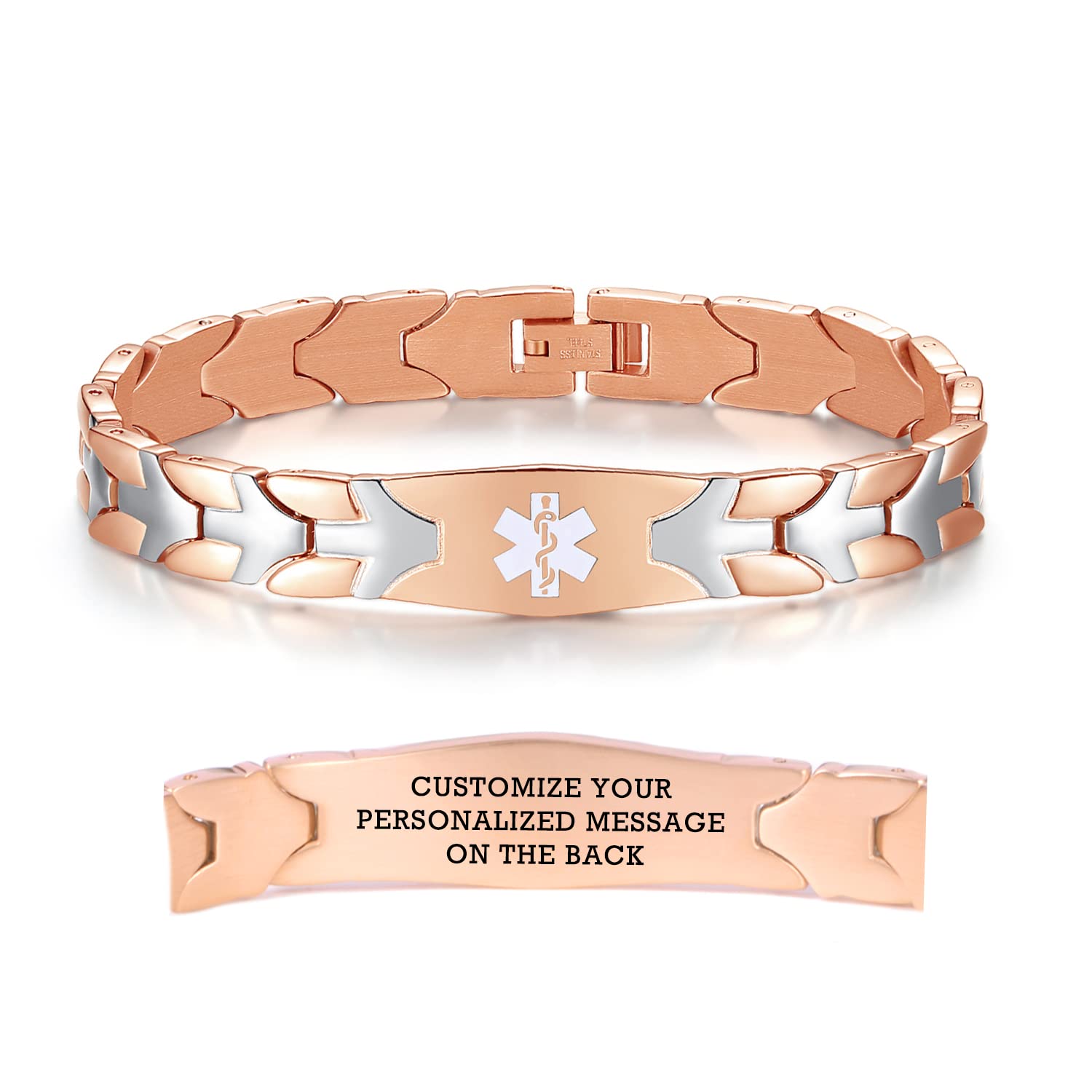 LinnaLove Flying Fish Medical Alert Bracelets for Men Women Rose Gold Stainless steel medical bracelets with Free Customizable engraving & length