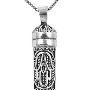 AJDesign Mezuzah Necklace for Men or Women in 925 Sterling silver Shema Yisrael, Chamsa, Hebrew Chai, Holyland Sand, Menorah (Open - My Fire Hamsa, 20 Inches Chain)