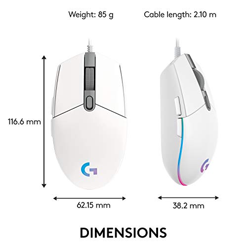 Logitech G102 Light Sync Gaming Mouse with Customizable RGB Lighting, 6 Programmable Buttons, Gaming Grade Sensor, 8 k dpi Tracking,16.8mn Color, Light Weight (White)