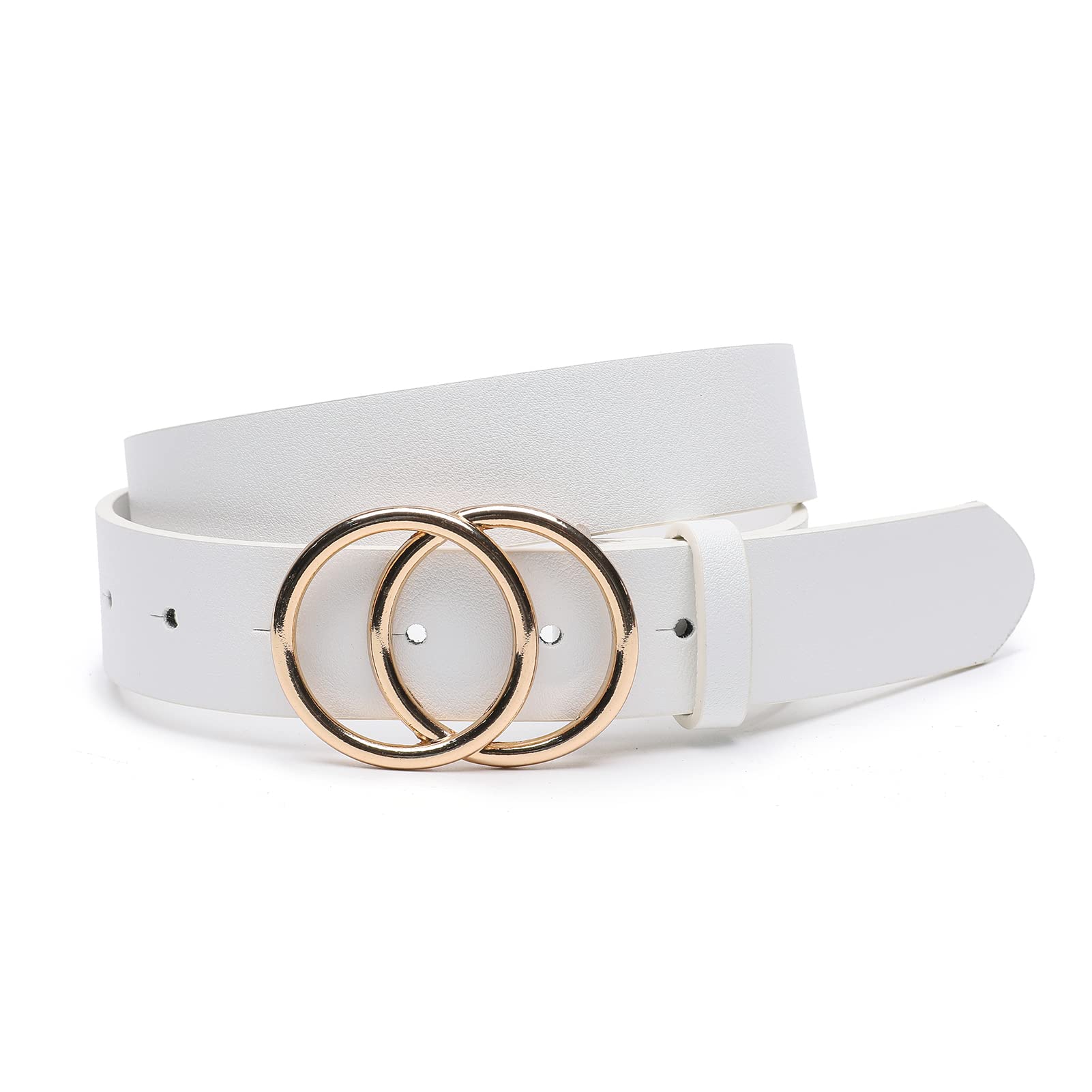 IFENDEI Women Faux Leather Belt for Jeans Dress Waist Belts with Gold Ring Buckle White Small