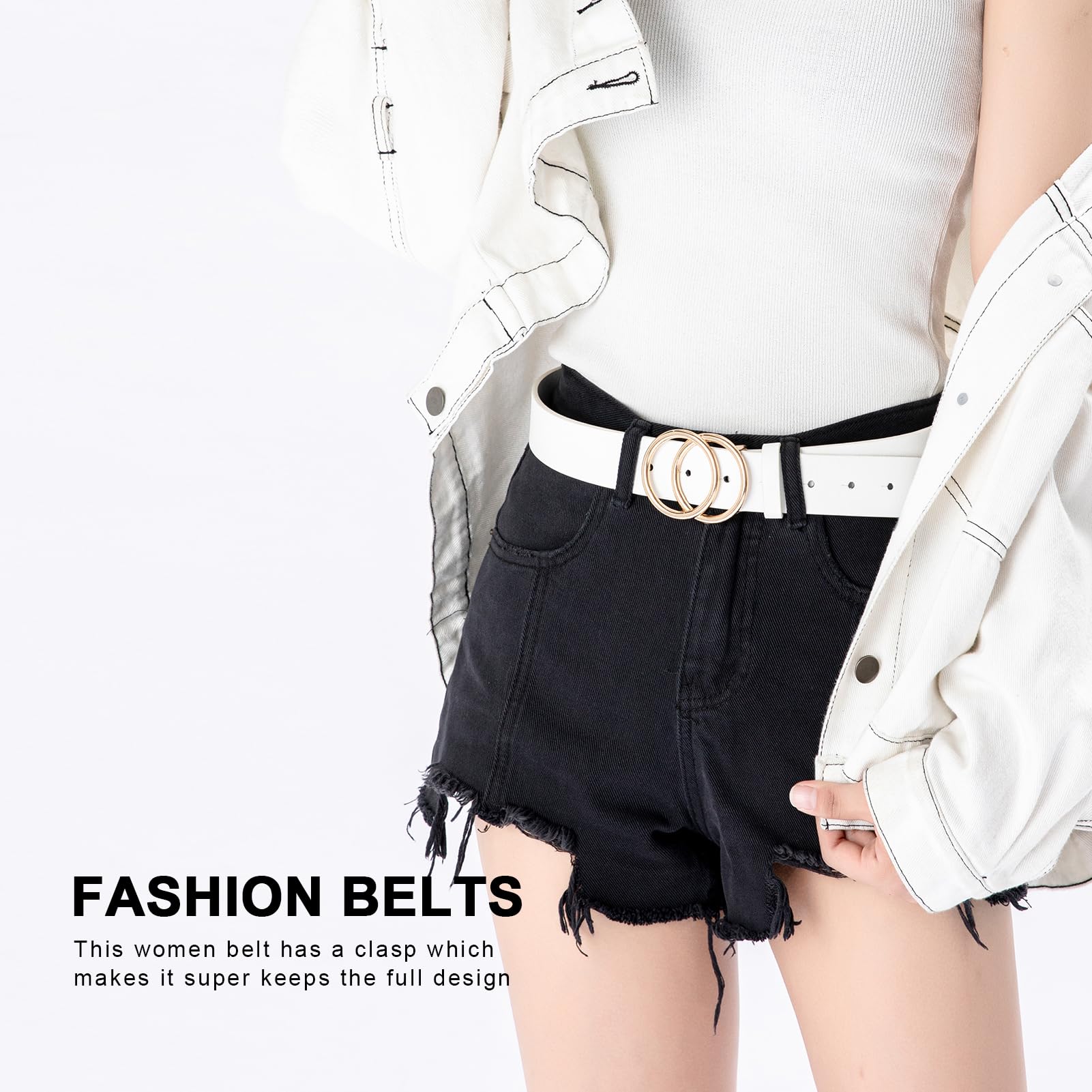 IFENDEI Women Faux Leather Belt for Jeans Dress Waist Belts with Gold Ring Buckle White Large