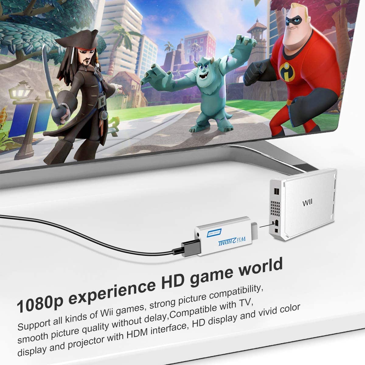 CHS Goodeliver Wii to Hdmi Connector/Converter/Adapter, 1080p Output Video, 3.5mm Audio - Supports All Wii Display Modes, White