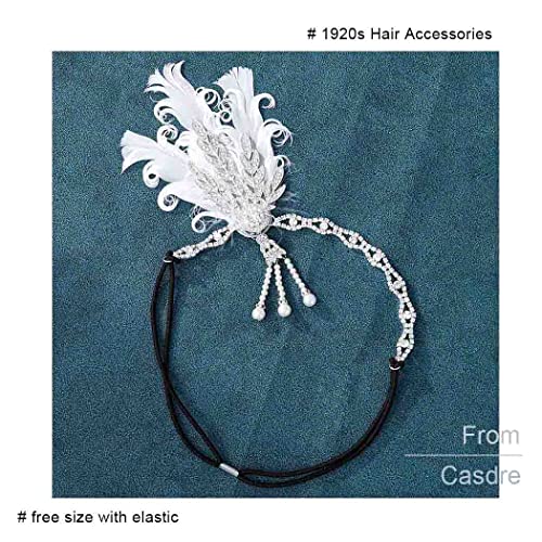 CASDRE Vintage White Feather Headband Pearl 1920s Headpieces Crystal 20s Hair Accessories for Women and Girls