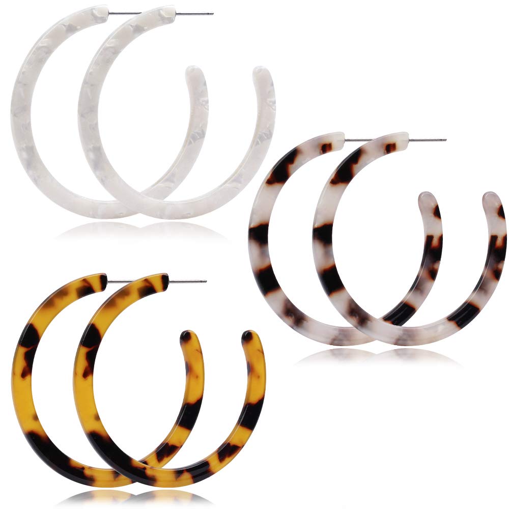 JSJOY Lightweight Resin Acrylic Hoop Earrings,Bohemian Small Resin Statement Earrings,Acrylic Earrings for Women Hoop Set,Hypoallergenic,White,Tortoise Shell,Leopard,3 Pairs