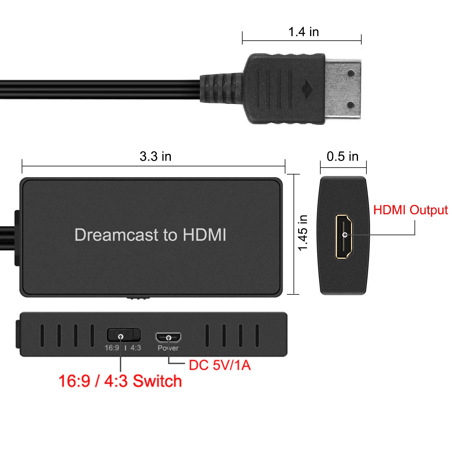 Sega Dreamcast to HDMI Converter Supports 16:9/4:3 switching, Plug and Play HD HDMI Cable for Sega Dreamcast (Sega DC)