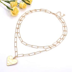 YAHPERN Layered Rectangle Paper Clip Chain Link Choker Statement Hammered Heart Pendant Necklace Minimalist Chunky Thick Chain Jewelry For Woman (gold)