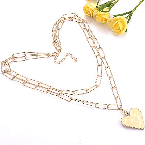 YAHPERN Layered Rectangle Paper Clip Chain Link Choker Statement Hammered Heart Pendant Necklace Minimalist Chunky Thick Chain Jewelry For Woman (gold)