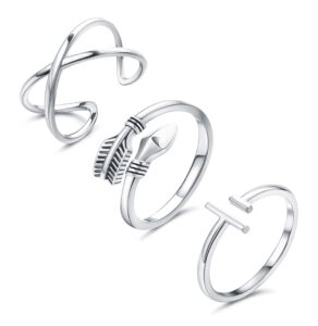 fiasaso 3pcs 925 sterling silver open adjustable rings for women men minimalist x cross arrow stackable rings set size 6-9 silver