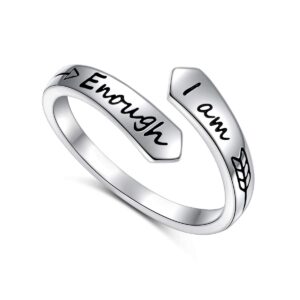 flyow inspirational rings adjustable 925 sterling silver spiral wrap twist ring encouragement jewelry for women (i am enough)