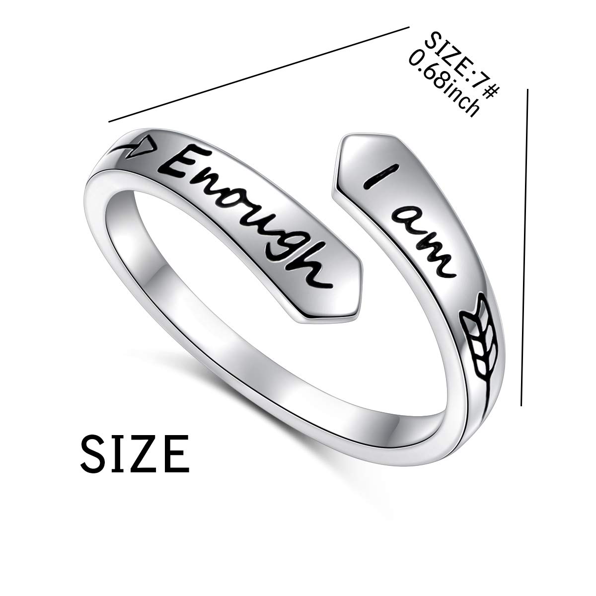 FLYOW Inspirational Rings Adjustable 925 Sterling Silver Spiral Wrap Twist Ring Encouragement Jewelry for Women (I am Enough)