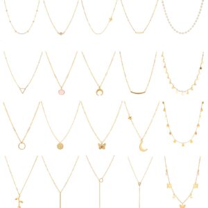 Honsny 20PCS 14K Gold Plated Choker Necklaces for Women, Dainty Gold Diamond Coin Pearl Pendant Simple Chain Necklace Set Cute Gold Layered Necklaces for Women Teen Jewelry Gifts