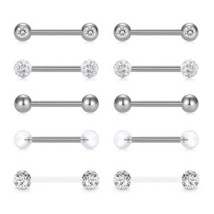 Incaton 14G 5 Pairs Nipple Rings Tongue Ring Surgical Steel Nipplerings Retainer Piercing Women Silver Straight Barbells 12mm-18mm