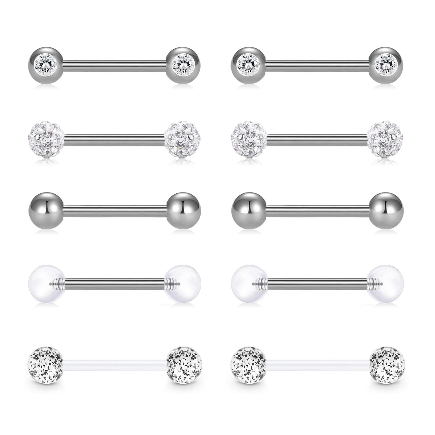 Incaton 14G 5 Pairs Nipple Rings Tongue Ring Surgical Steel Nipplerings Retainer Piercing Women Silver Straight Barbells 12mm-18mm