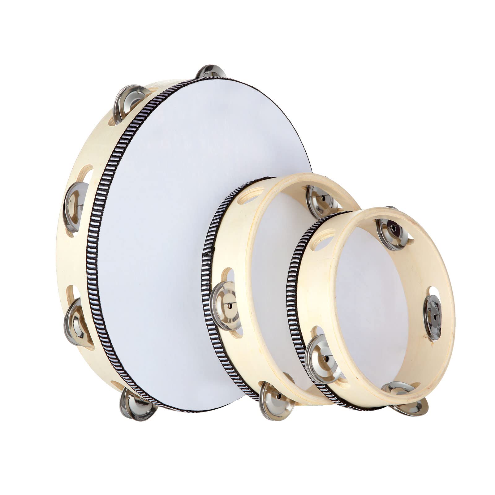 3 PCS Tambourine for Adults, Wooden Tambourine 6 Inch 7 Inch 10 Inch Hand Held Drum Bell Birch Metal Jingles Percussion Gift Musical Educational Instrument for Church, KTV Party